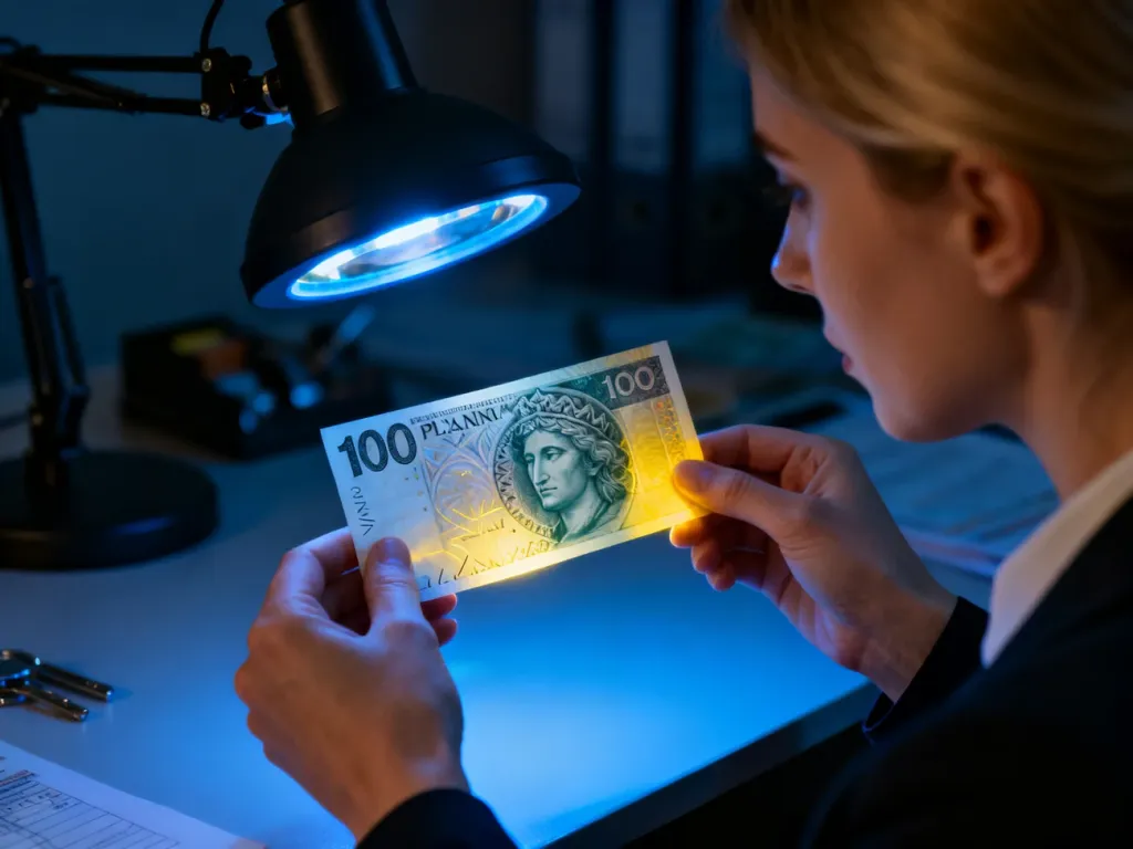 Dłonie sprawdzające autentyczność banknotu 100 zł w świetle lampy UV, ukazujące świecące włókna zabezpieczające.