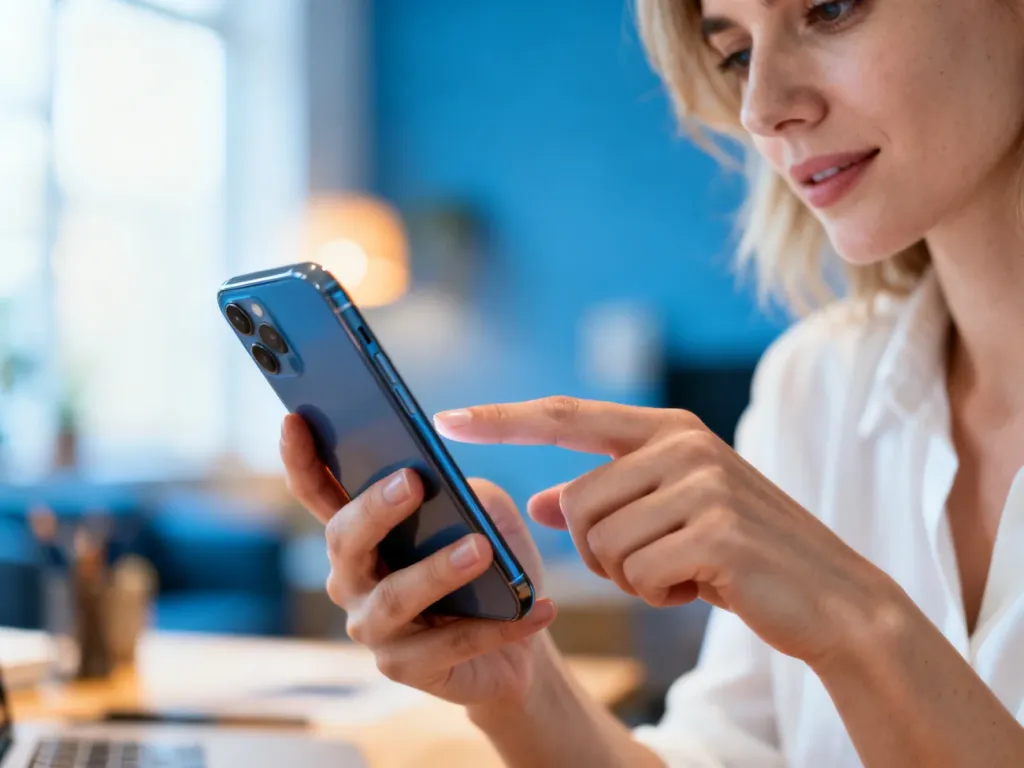 Kobieta obsługująca smartfon w przytulnym domowym biurze, ilustrująca proces zmiany ustawień w aplikacji BLIK.
