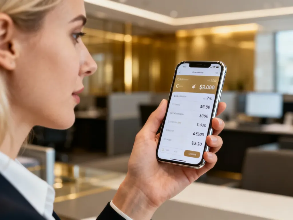 Kobieta trzyma smartfon z aplikacją do przeliczania walut na tle nowoczesnego biura finansowego.
