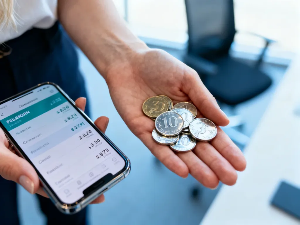 Kobieta trzymająca w dłoniach islandzkie monety oraz smartfon z aplikacją do przeliczania walut.
