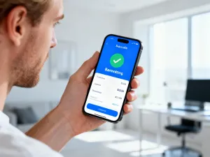 Mężczyzna w stroju biznesowym sprawdza aplikację bankową na smartfonie w nowoczesnym biurze.