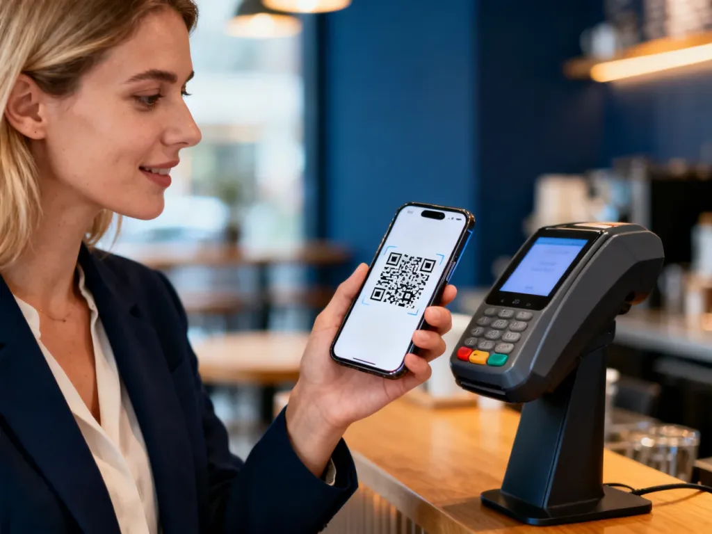 Kobieta płacąca telefonem za pomocą kodu QR przy terminalu płatniczym w nowoczesnej kawiarni.