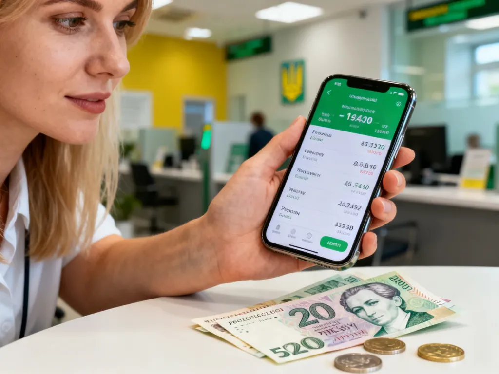 Kobieta trzymająca smartfon z aplikacją do wymiany walut, obok leżą banknoty hrywny i monety złotego na tle banku.