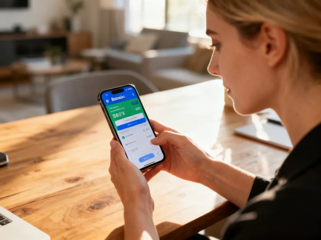 Kobieta sprawdza aplikację bankową na smartfonie, siedząc przy biurku w domowym biurze.