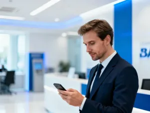 Mężczyzna sprawdza aplikację bankową na smartfonie w profesjonalnym biurze, co ilustruje proces wykonywania przelewu.
