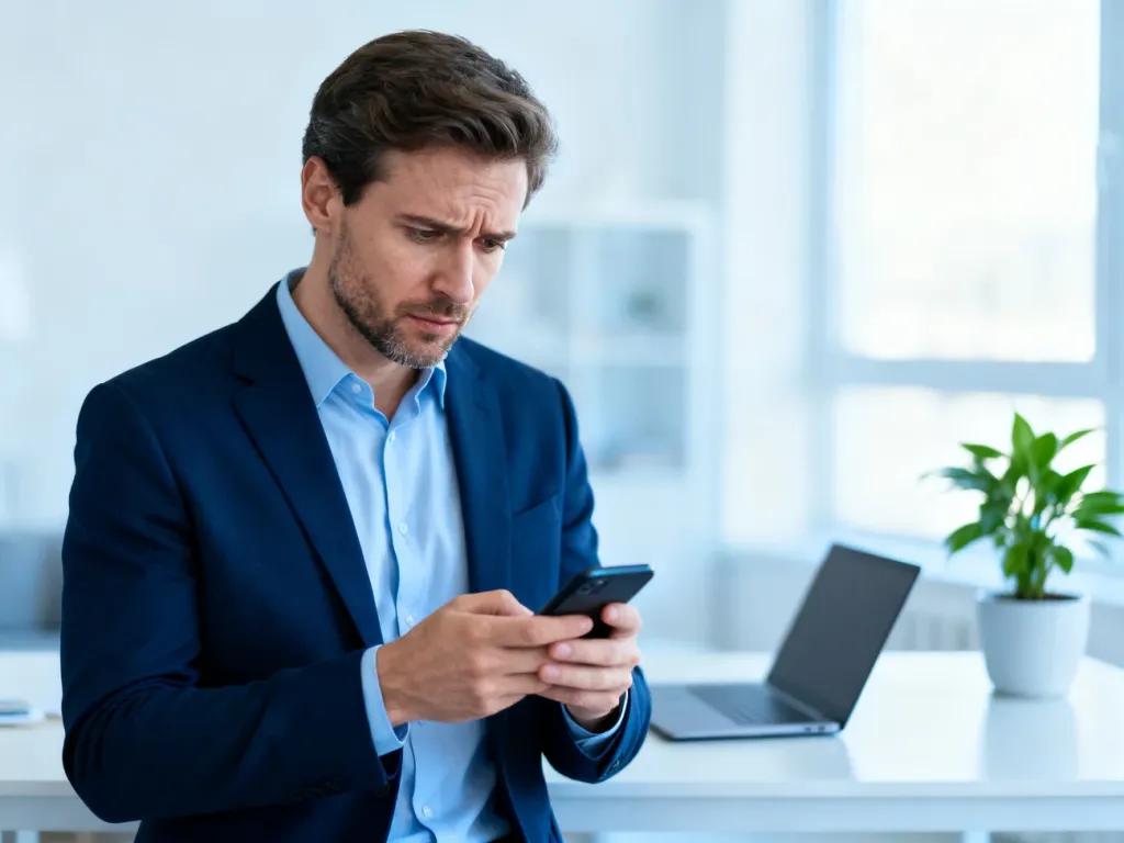 Zaniepokojony mężczyzna trzymający smartfon w nowoczesnym biurze, ilustrujący problem z wykonanym przelewem.