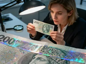 Kobieta z ulgą sprawdza na smartfonie potwierdzenie otrzymania przelewu w przytulnym domowym biurze.