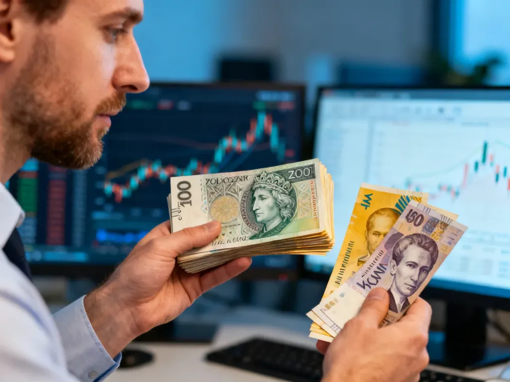 Mężczyzna trzymający w dłoniach polskie złotówki oraz ukraińskie hrywny na tle wykresów finansowych.