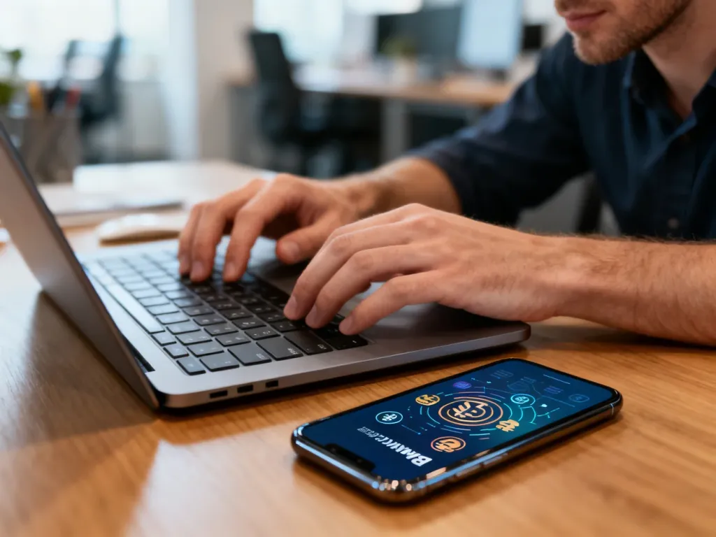 Dłonie mężczyzny korzystające z laptopa i smartfona z aplikacją bankową, ilustrujące proces płatności w biurze.
