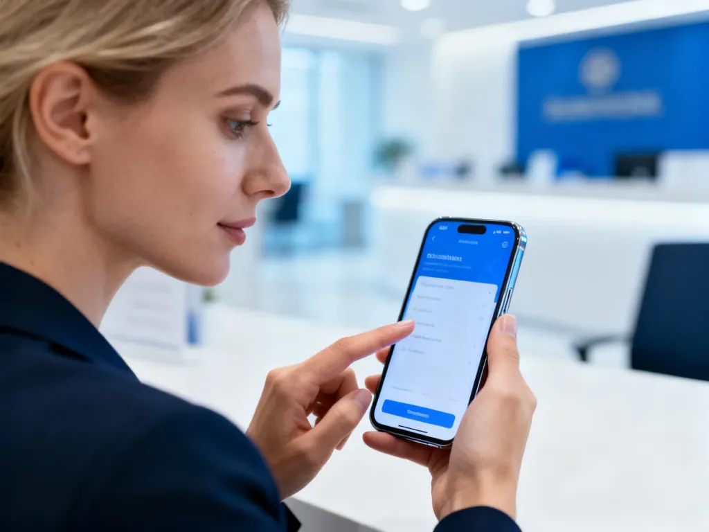 Kobieta używająca aplikacji bankowej na smartfonie w nowoczesnym biurze, ilustrująca proces aktywacji płatności BLIK.