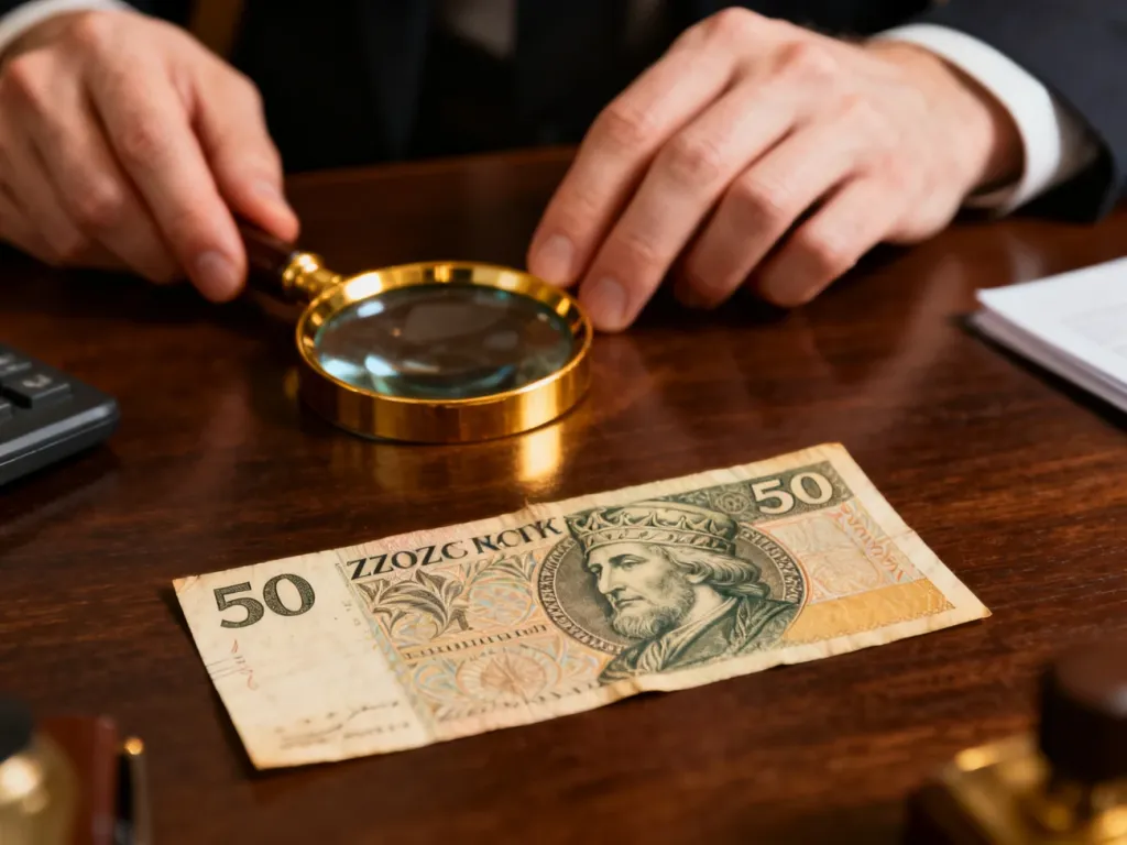 Osoba badająca stary banknot 50-złotowy za pomocą lupy na drewnianym biurku, co podkreśla proces wyceny numizmatycznej.