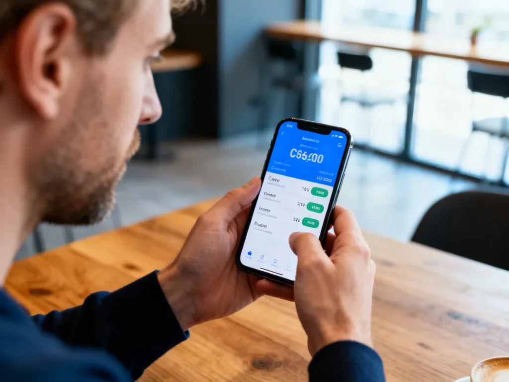 Mężczyzna sprawdza kurs walut w aplikacji na smartfonie w nowoczesnej kawiarni, ułatwiając przeliczenie koron na złotówki.