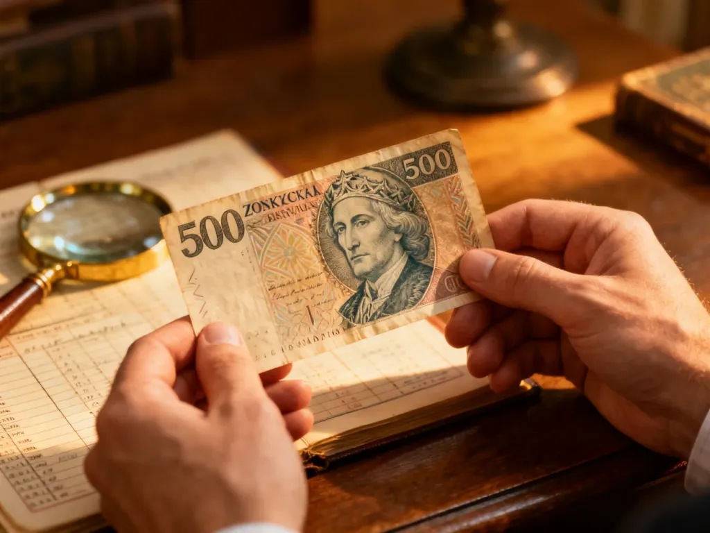 Dłonie trzymające stary banknot 500 złotych na tle biurka z lupą, co podkreśla numizmatyczny charakter analizy wartości.